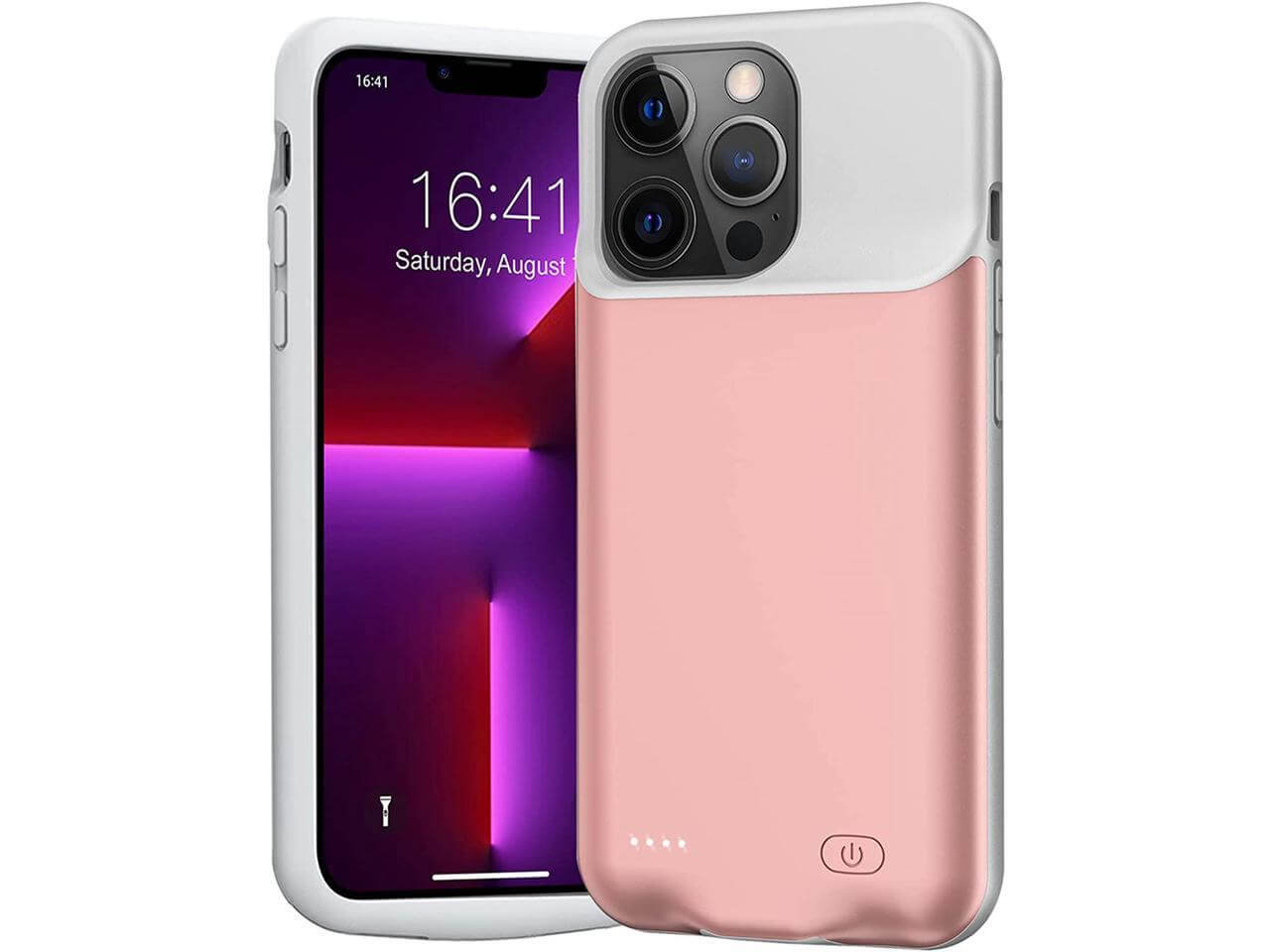 iPhone 13 Pro Max Portable Soft Rubber Slim Protective Charging Case 7000mAh (ROSE GOLD)